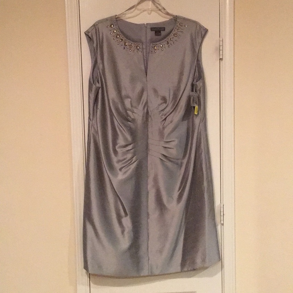 Silver sleeveless cocktail dress.